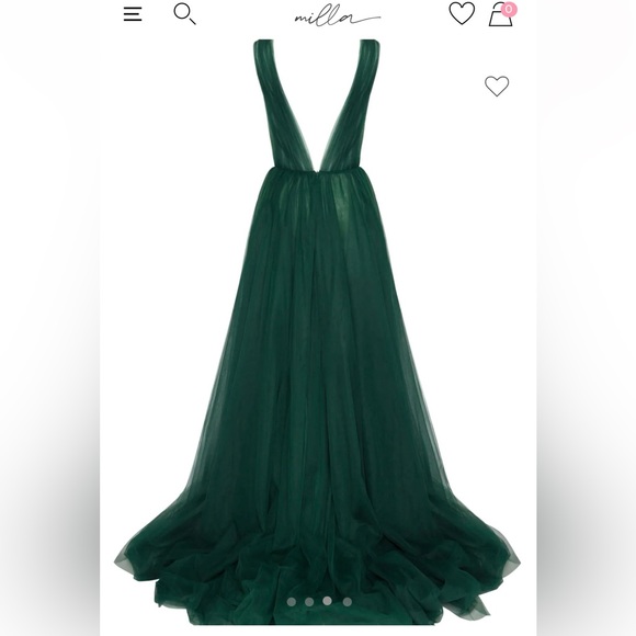 Evening tulle gown with plunging neck, Milla Emerald Green - Picture 6 of 12